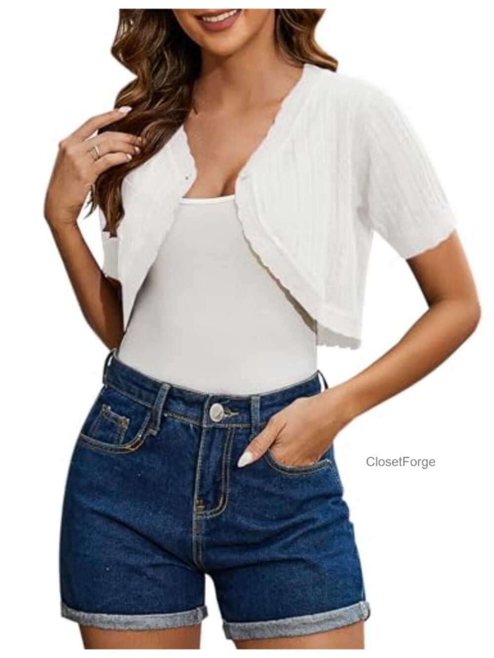 Crochet Bolero Shrug Cardigan Short Sleeve Open Front Button Down Knit Women's